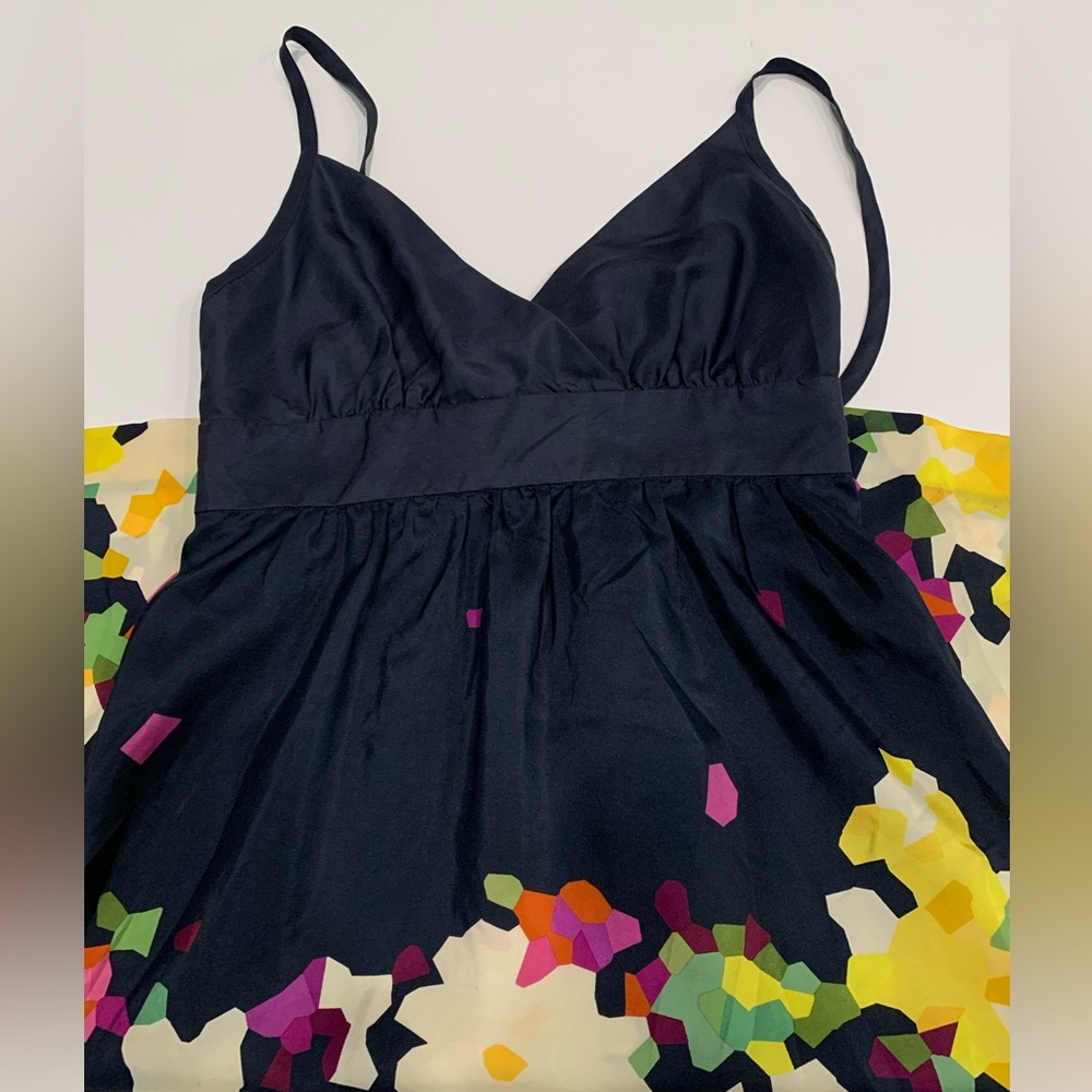 Theory Silk Navy Floral Abstract Mini Dress Spaghetti Straps Size XSmall